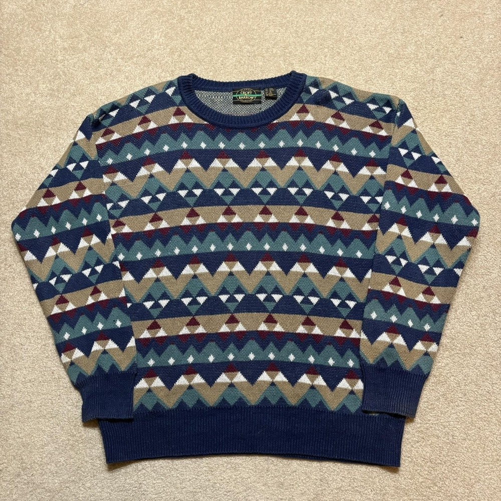 Vtg Croft & Barrow Sweater‎ Mens XL Blue Geometric Knit Crewneck Pullover Ramie